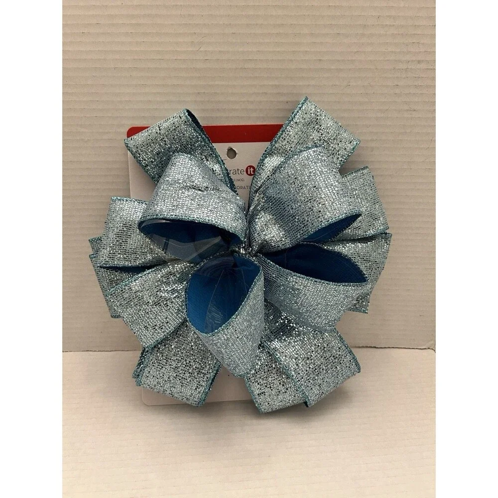 Celebrate it Christmas Tree Topper Bow Light Blue with Glitter 10” Large Bow